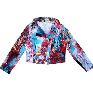 St John Sport Marie Gray Blue Red Moto Jacket Pop Art Asian Watercolor Luxury L